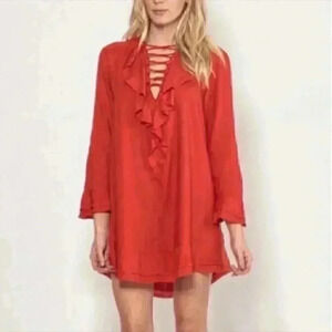 Iro Florine Mini Red Distressed Frayed Short Lace Up Shift Dress
